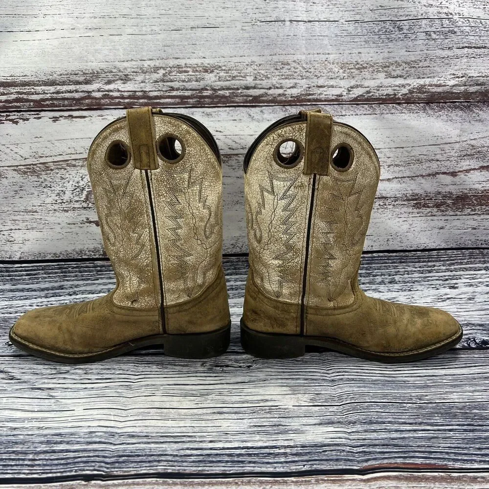 Smoky Mountain Boots Drifter Brown & White Leather Square Toe Western, Youth 3.5